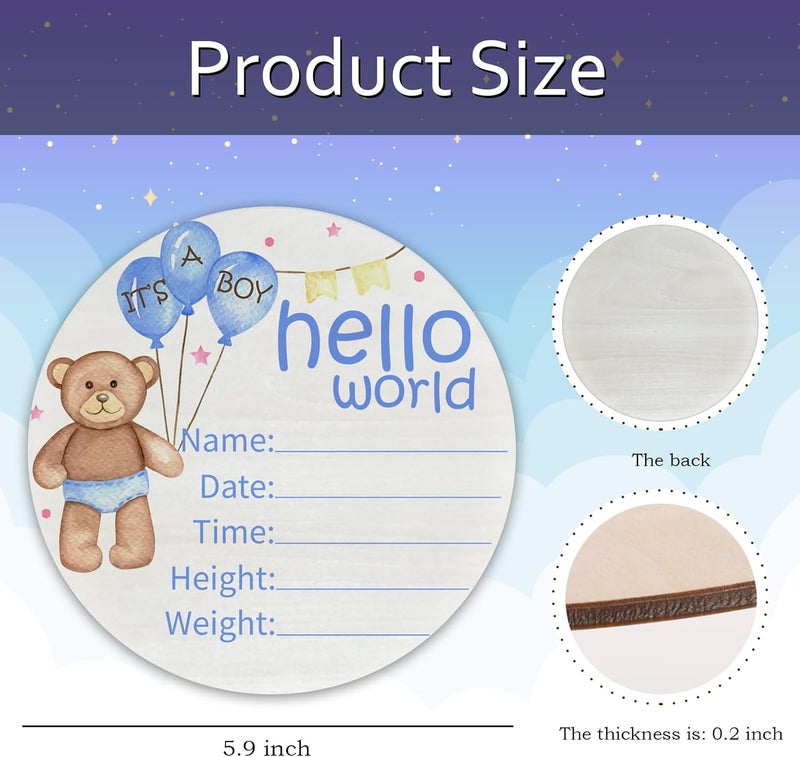 CLHHM Hello World Birth Announcement 6" Round Birch Wood Newborn Sign for Nursery Hospital & Baby Shower, Personalized Baby Name Plaque, Keepsake Décor Gift for New Parents (Blue Bear) - Image 2